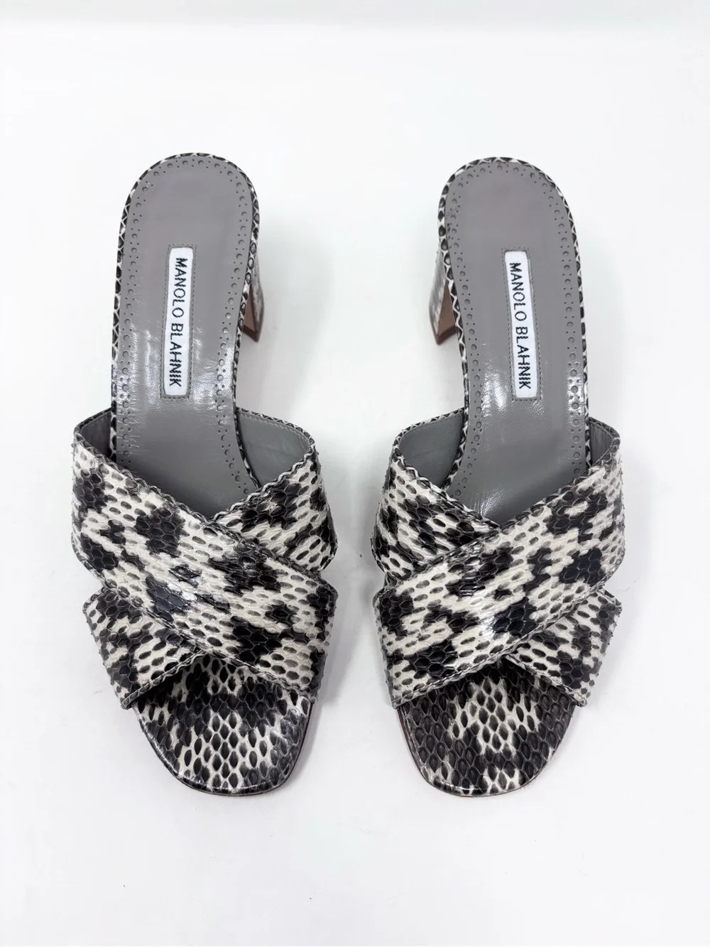 Manolo Blahnik Otawi Snakeskin Leather Crisscross Mule Sandal Black Cream 39.5